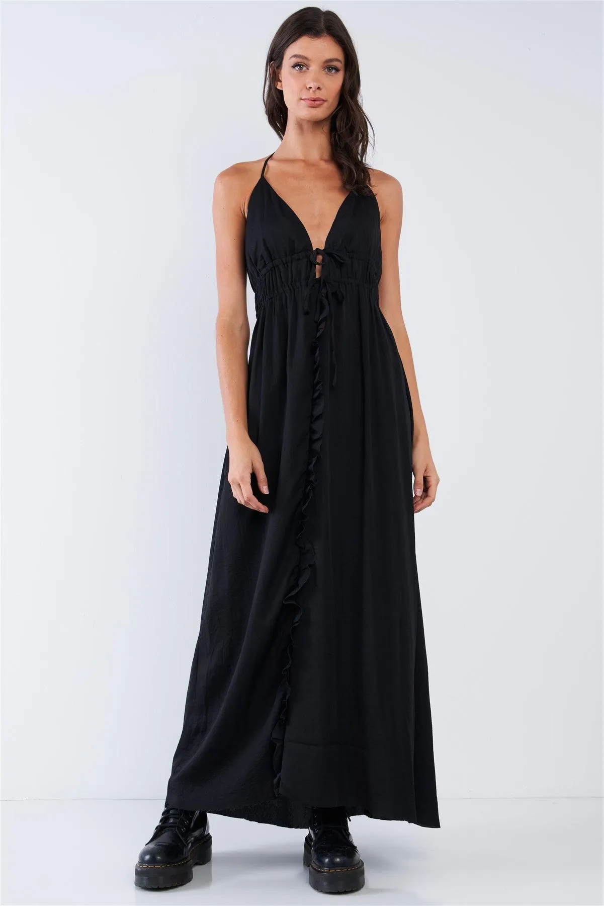 Solid Black Satin Open Back Halter Draw String Tie Top Ruffle Vertical Top-To-Bottom Hem Stretchy Waistline Maxi Dress