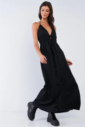 Solid Black Satin Open Back Halter Draw String Tie Top Ruffle Vertical Top-To-Bottom Hem Stretchy Waistline Maxi Dress