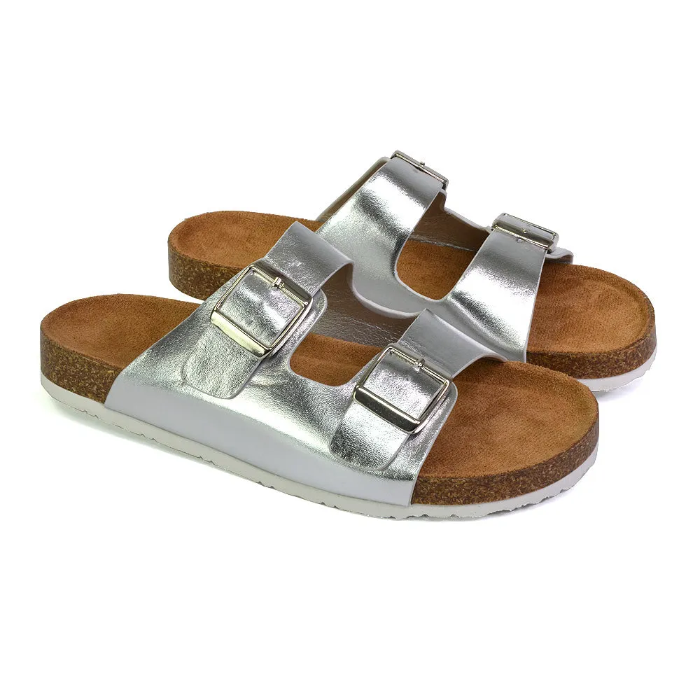 Star Double Buckle Strap Flat Slider Casual Footbed Summer Mule Sandals in Silver