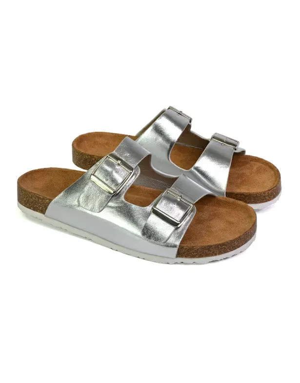 Star Double Buckle Strap Flat Slider Casual Footbed Summer Mule Sandals in Silver