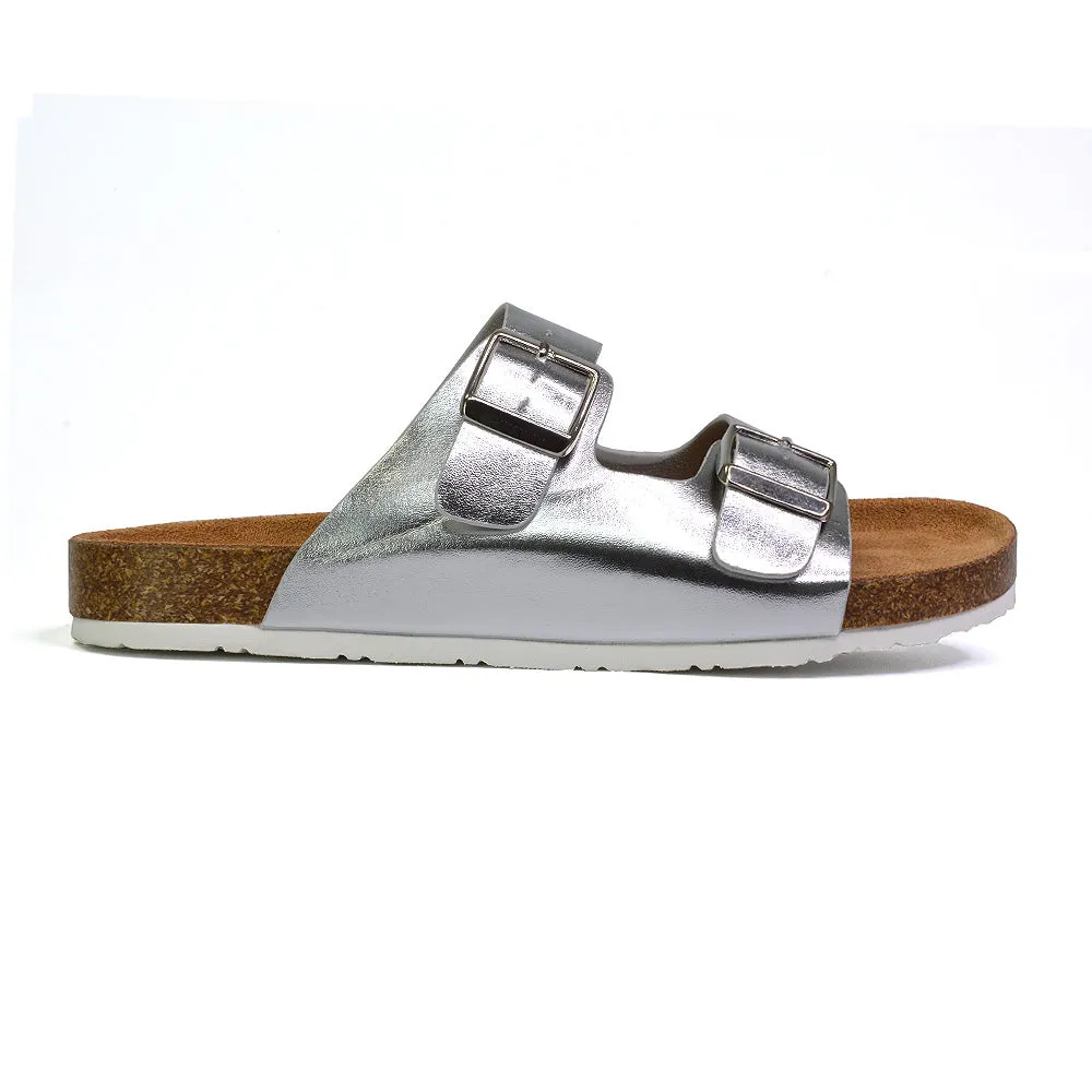 Star Double Buckle Strap Flat Slider Casual Footbed Summer Mule Sandals in Tan