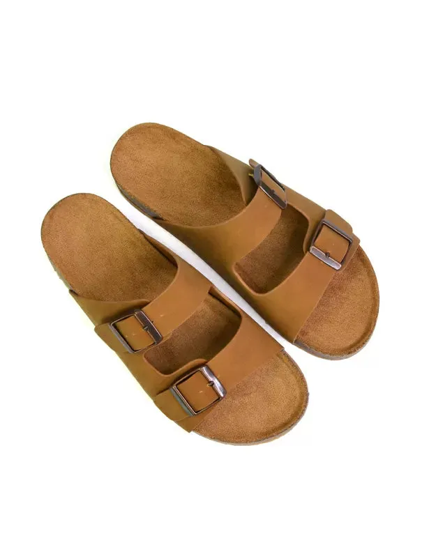 Star Double Buckle Strap Flat Slider Casual Footbed Summer Mule Sandals in Tan