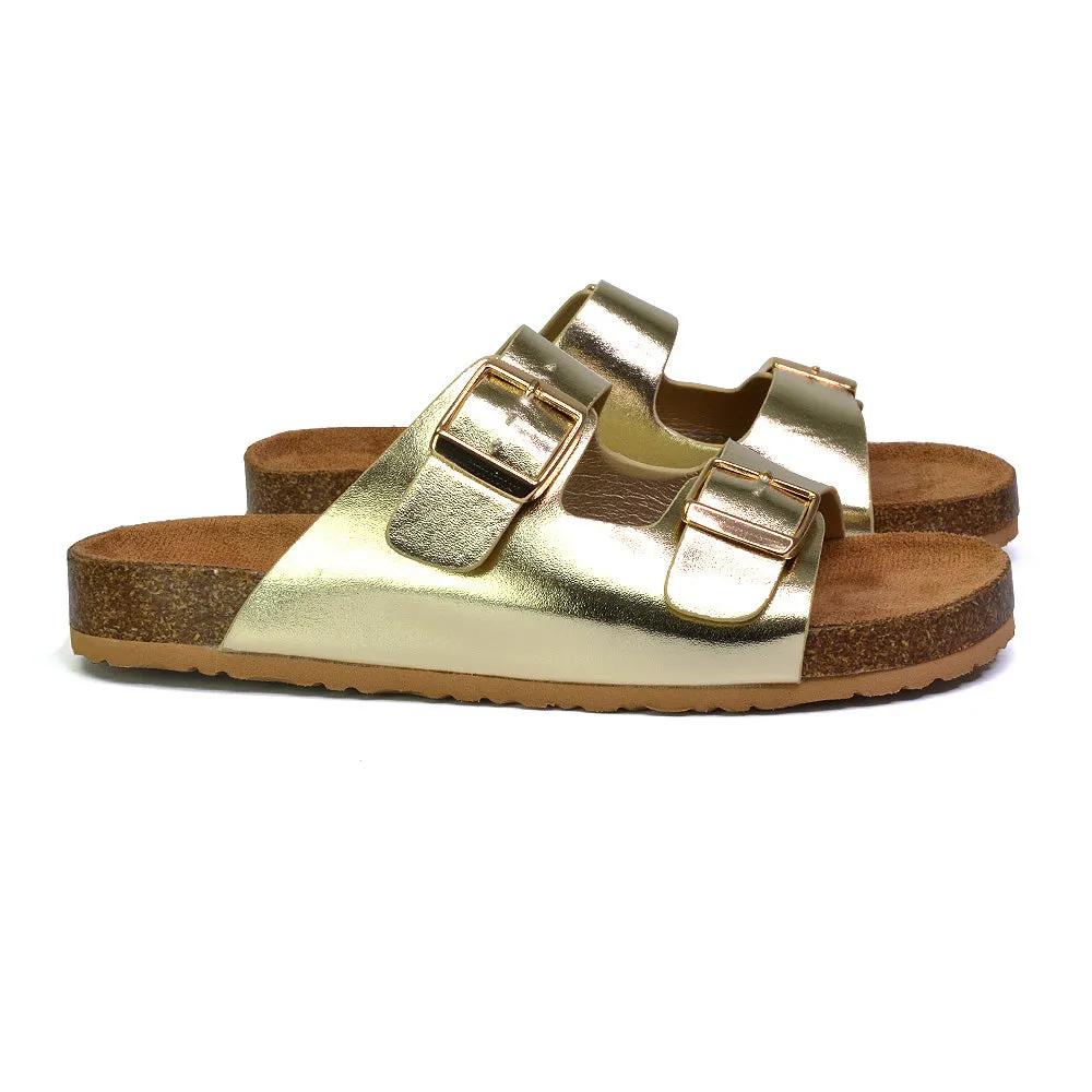 Star Double Buckle Strap Flat Slider Casual Footbed Summer Mule Sandals in Tan