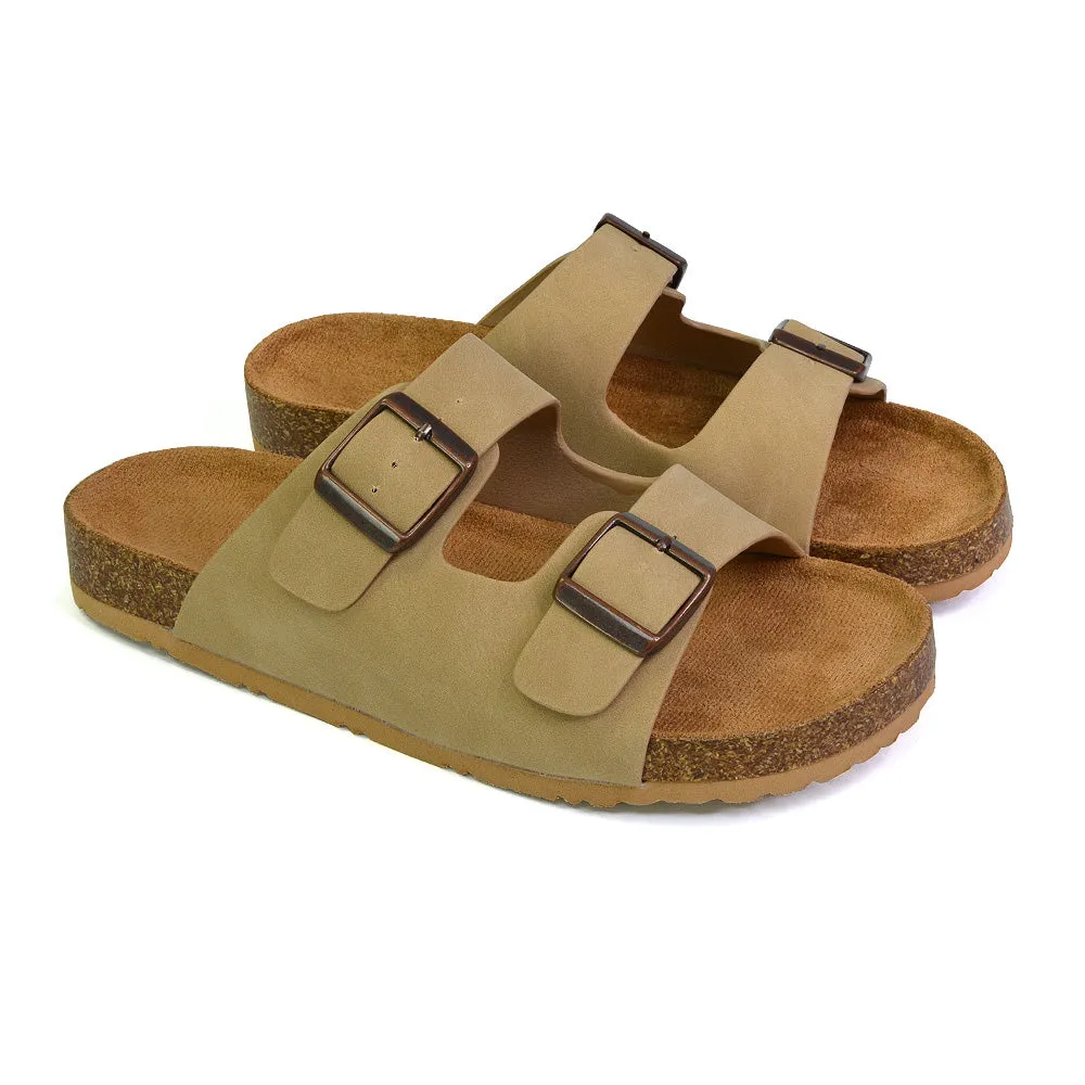 Star Double Buckle Strap Flat Slider Casual Footbed Summer Mule Sandals in Tan