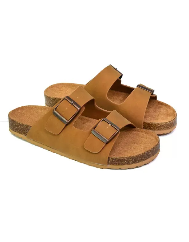 Star Double Buckle Strap Flat Slider Casual Footbed Summer Mule Sandals in Tan