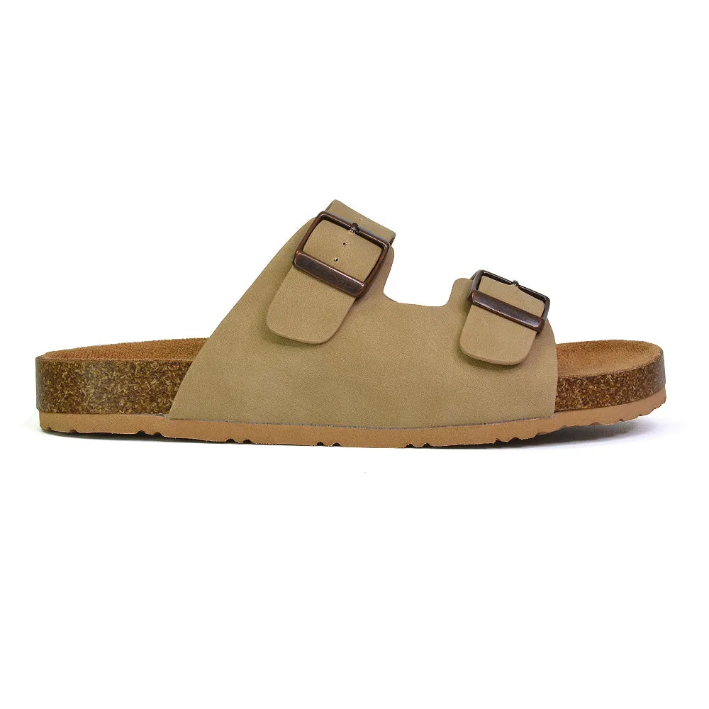 Star Double Buckle Strap Flat Slider Casual Footbed Summer Mule Sandals in Tan