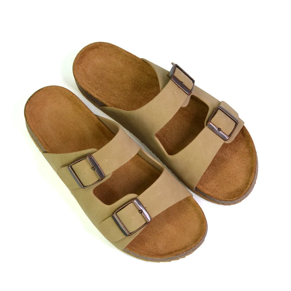 Star Double Buckle Strap Flat Slider Casual Footbed Summer Mule Sandals in Tan