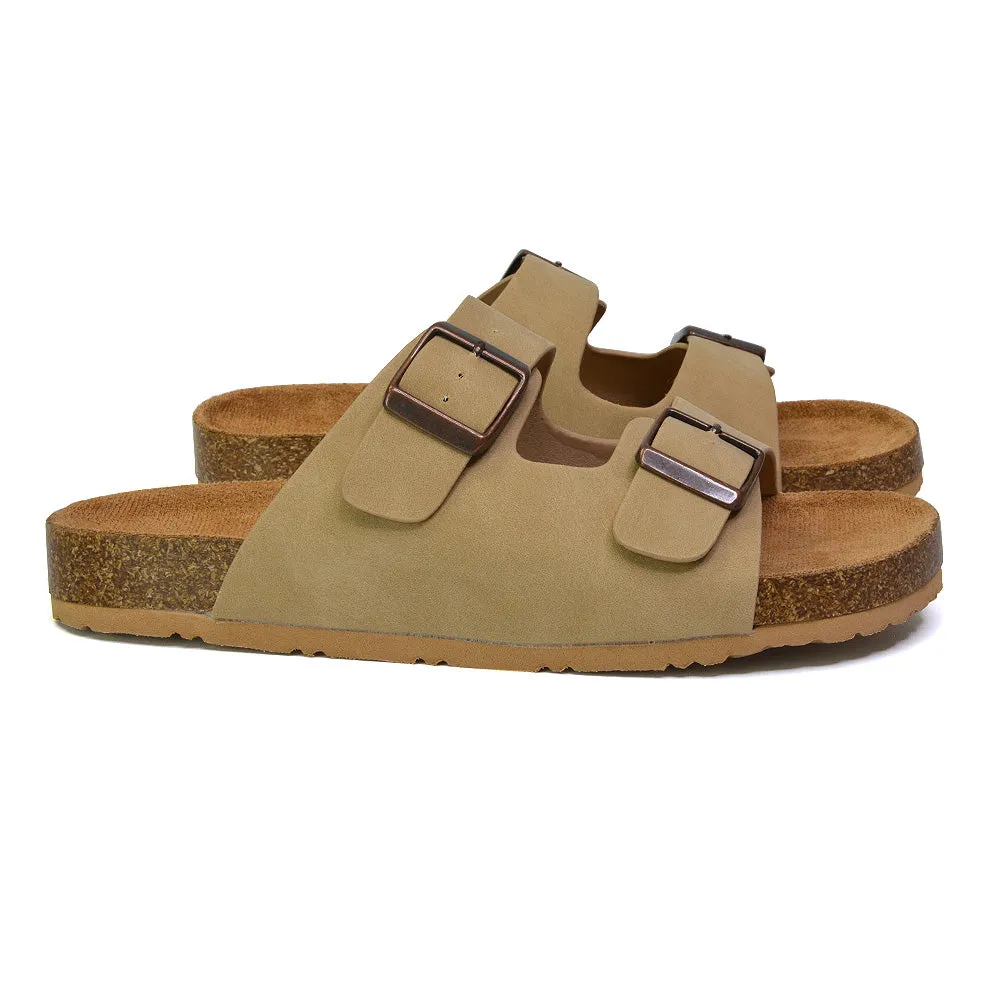 Star Double Buckle Strap Flat Slider Casual Footbed Summer Mule Sandals in Tan