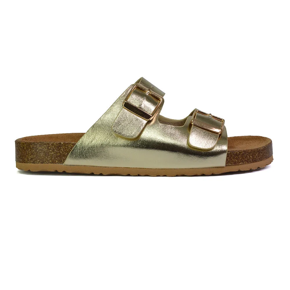 Star Double Buckle Strap Flat Slider Casual Footbed Summer Mule Sandals in Tan