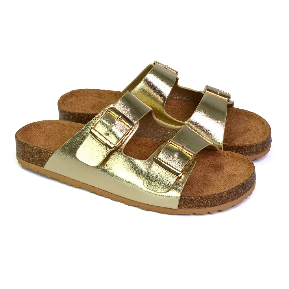 Star Double Buckle Strap Flat Slider Casual Footbed Summer Mule Sandals in Tan