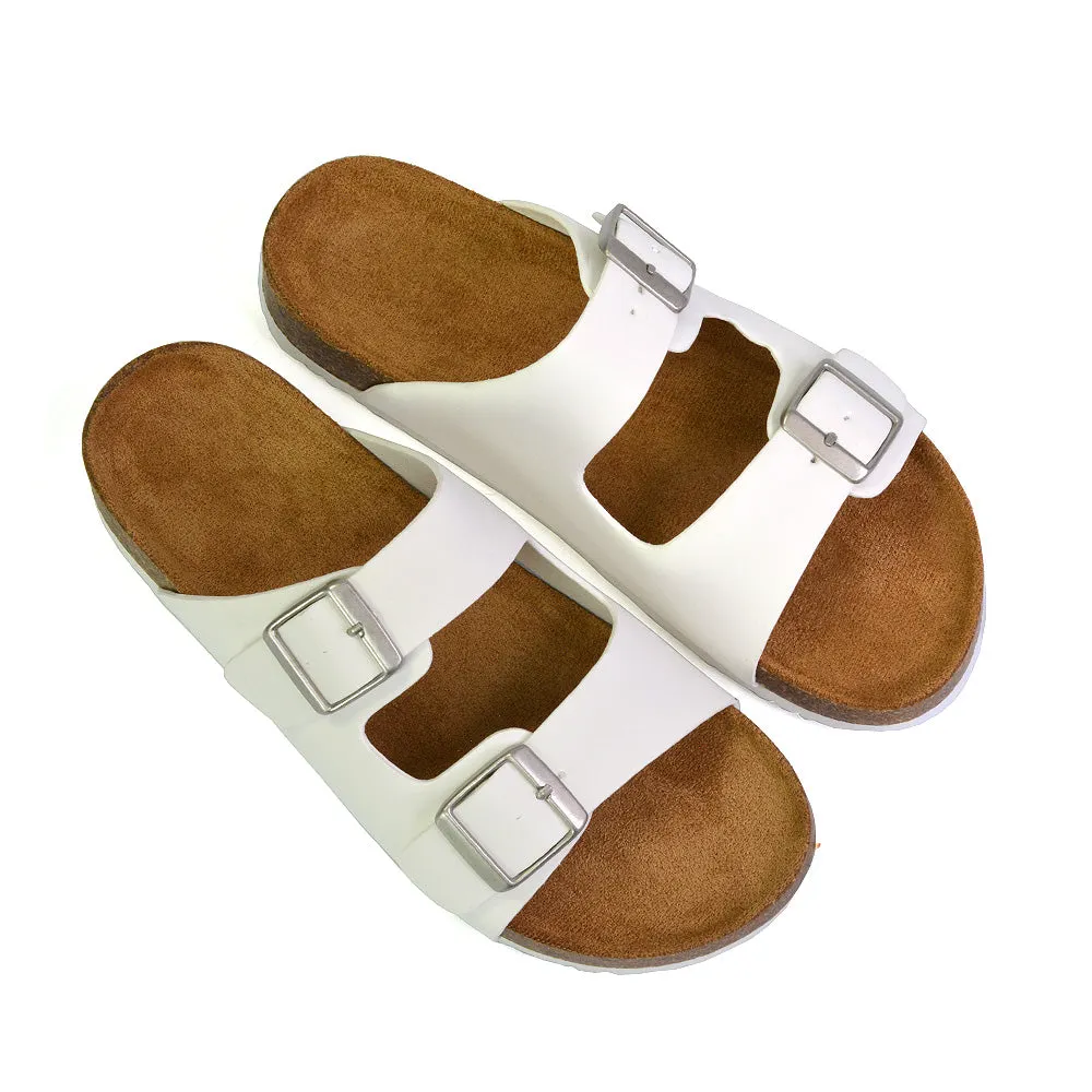 Star Double Buckle Strap Flat Slider Casual Footbed Summer Mule Sandals in Tan