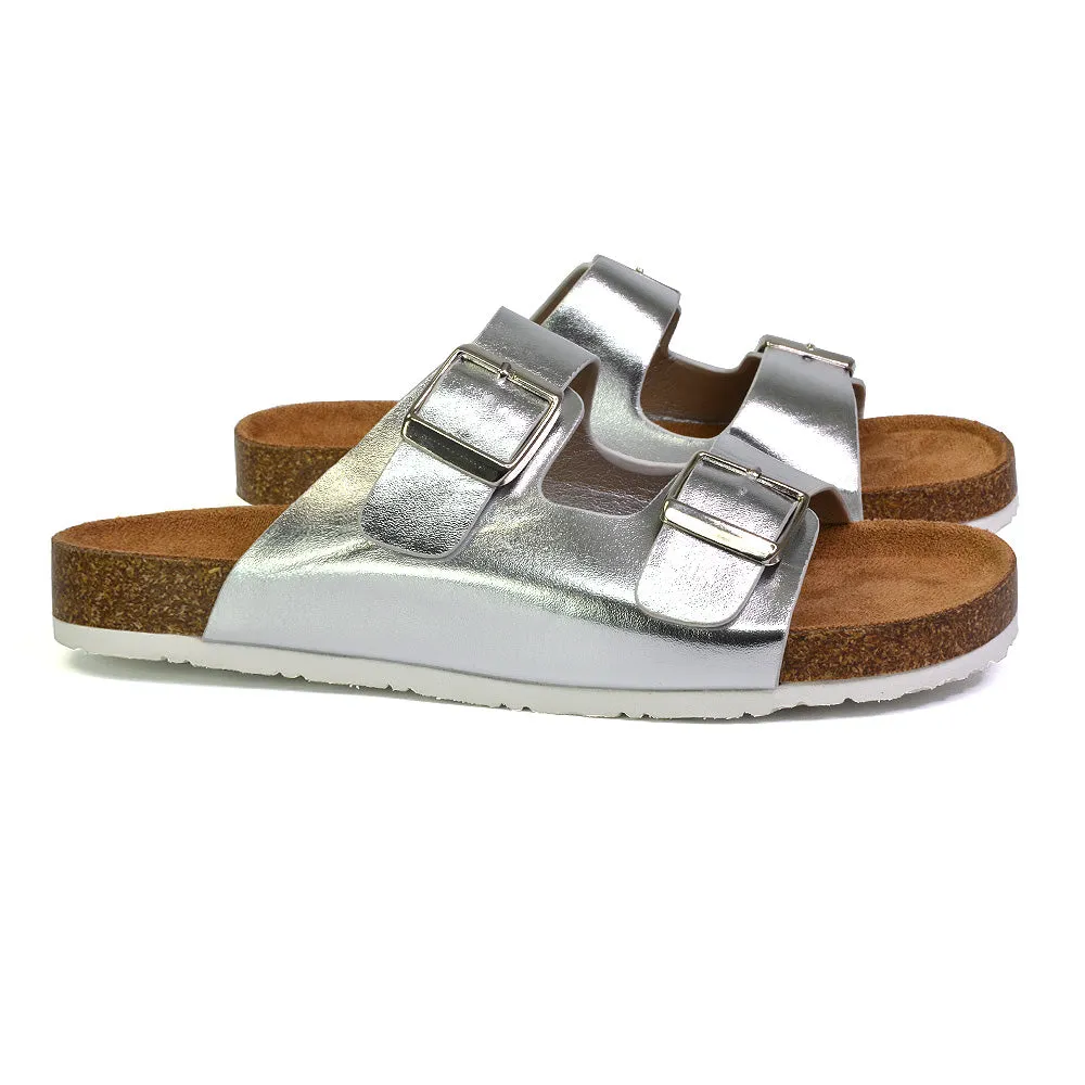 Star Double Buckle Strap Flat Slider Casual Footbed Summer Mule Sandals in Tan