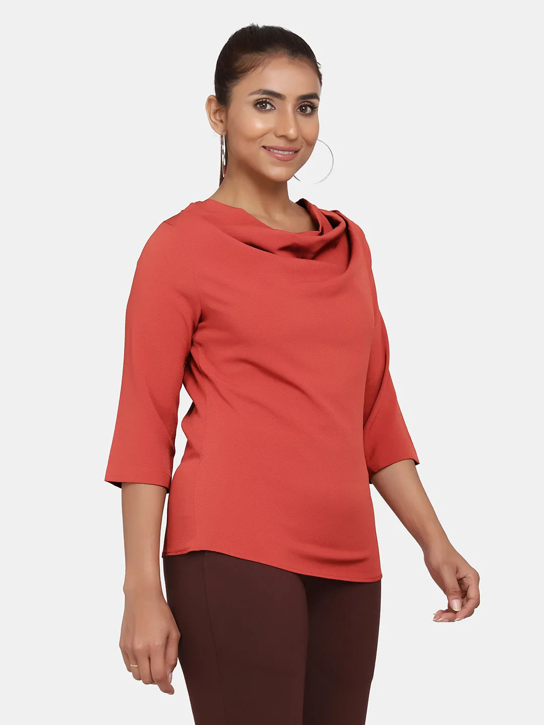 Statement Cowl Neck Stretch Top for Women - Rust