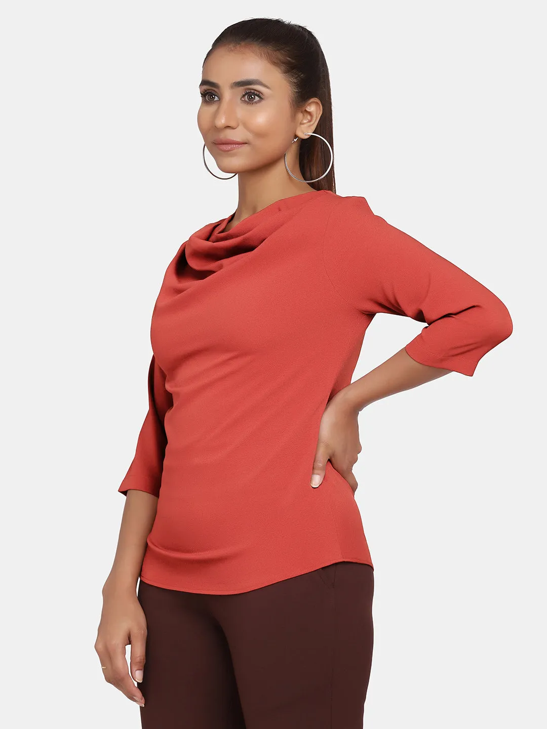 Statement Cowl Neck Stretch Top for Women - Rust