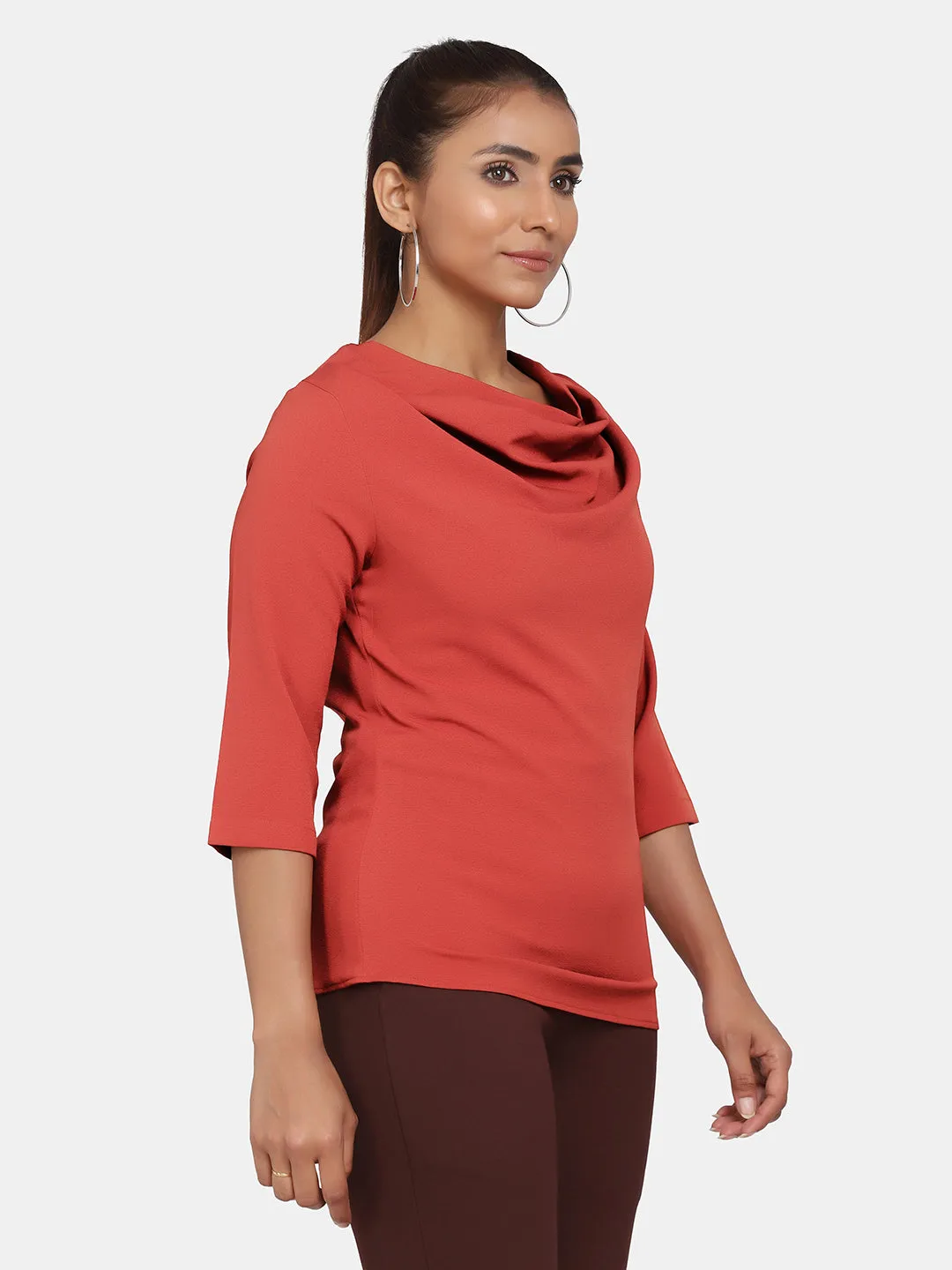 Statement Cowl Neck Stretch Top for Women - Rust