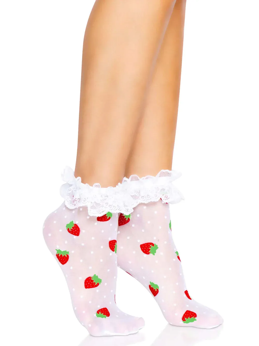 Strawberry Polka Dot Ruffle Anklet Socks in White