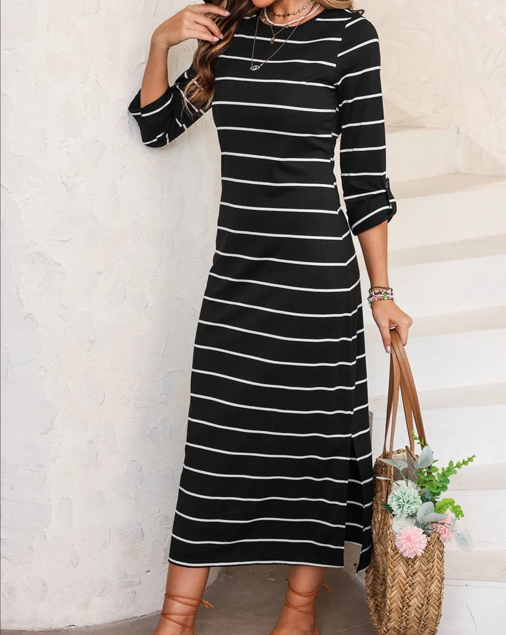 Stripe Tab Sleeve Midi Dress