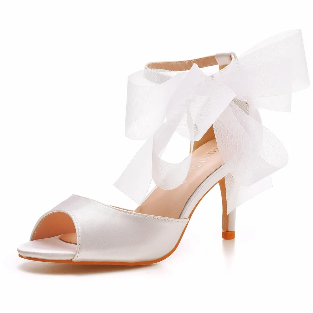 Sweet Wild Single Sandals Party Dance Pumps Big Bow White Silk Shoes