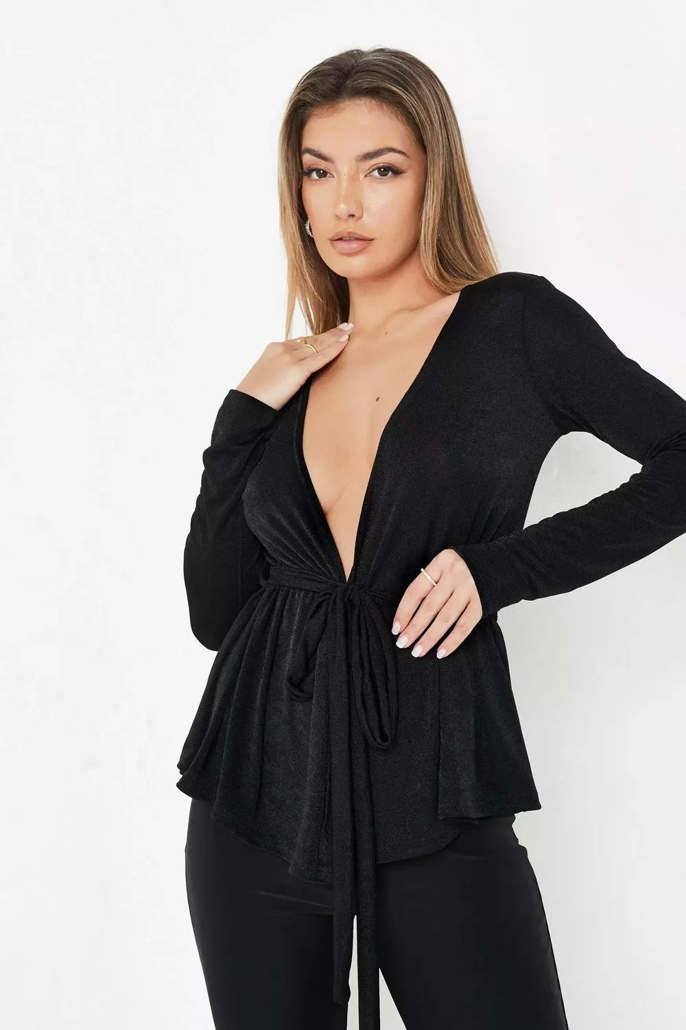 Tall Black Slinky Tie Wrap Blouse