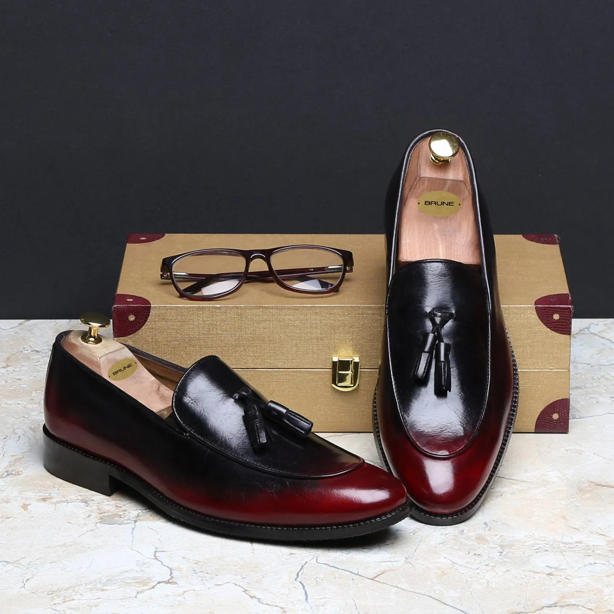 Tassel Slip-On Formal Shoe in Wine-Black Brushed Off Genuine Leather