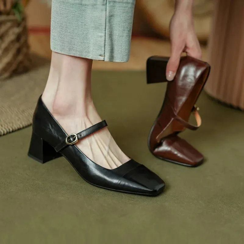 TAVIMART  -  Sheepskin Pumps Woman Mary Jane One Strap Retro Cozy Med Heels Spring Autumn Buckle Pumps French Style Simple Shoes On Heel