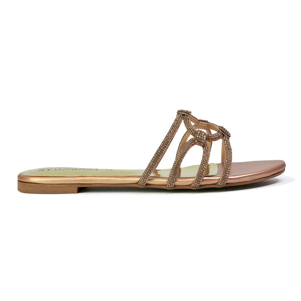 Tiger Slip On Summer Flat Diamante Sandal Statement Sparkly Sliders in Gold