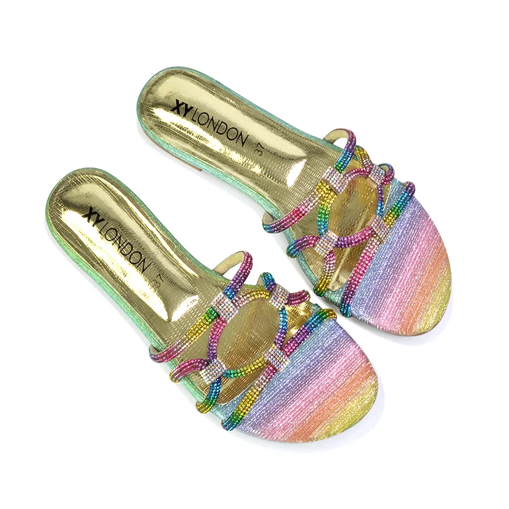 Tiger Slip On Summer Flat Diamante Sandal Statement Sparkly Sliders in Gold