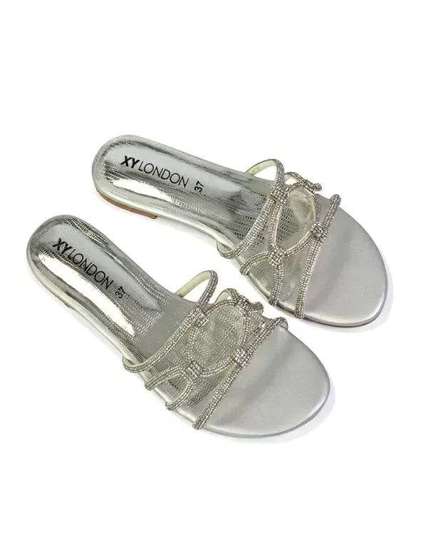 Tiger Slip On Summer Flat Diamante Sandal Statement Sparkly Sliders in Gold