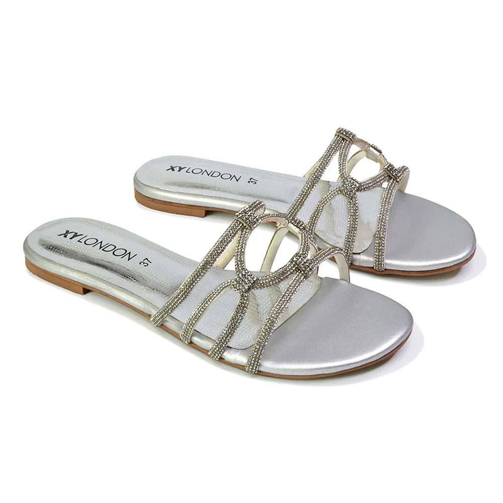 Tiger Slip On Summer Flat Diamante Sandal Statement Sparkly Sliders in Gold