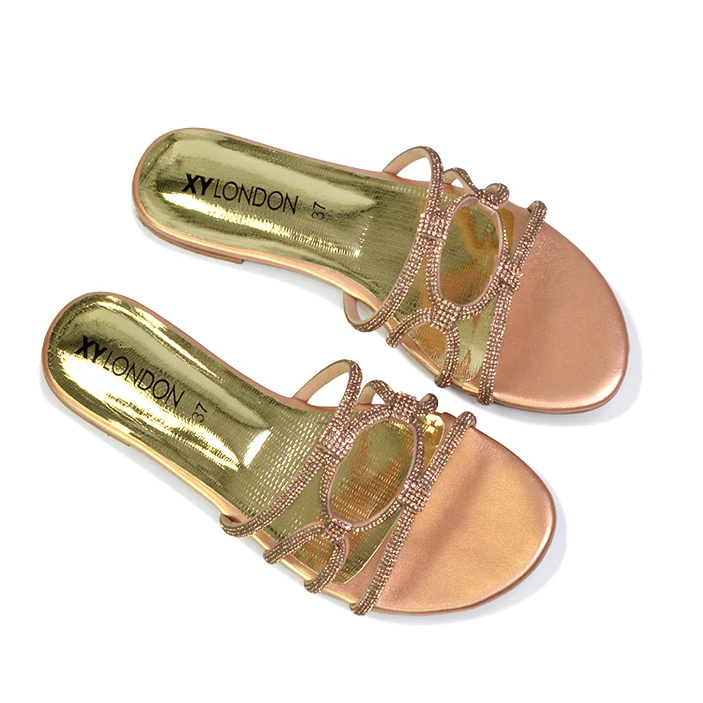 Tiger Slip On Summer Flat Diamante Sandal Statement Sparkly Sliders in Gold