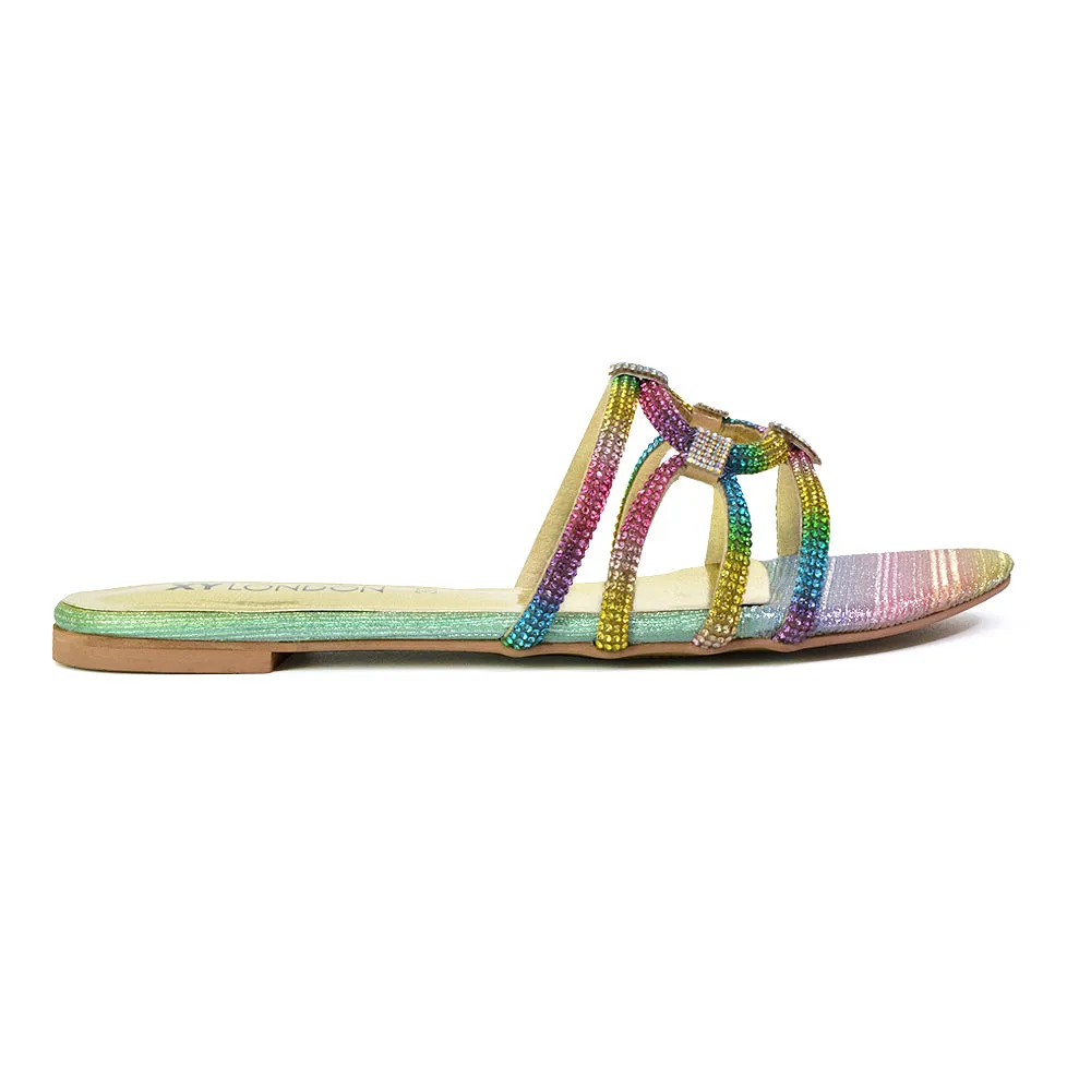 Tiger Slip On Summer Flat Diamante Sandal Statement Sparkly Sliders in Multi