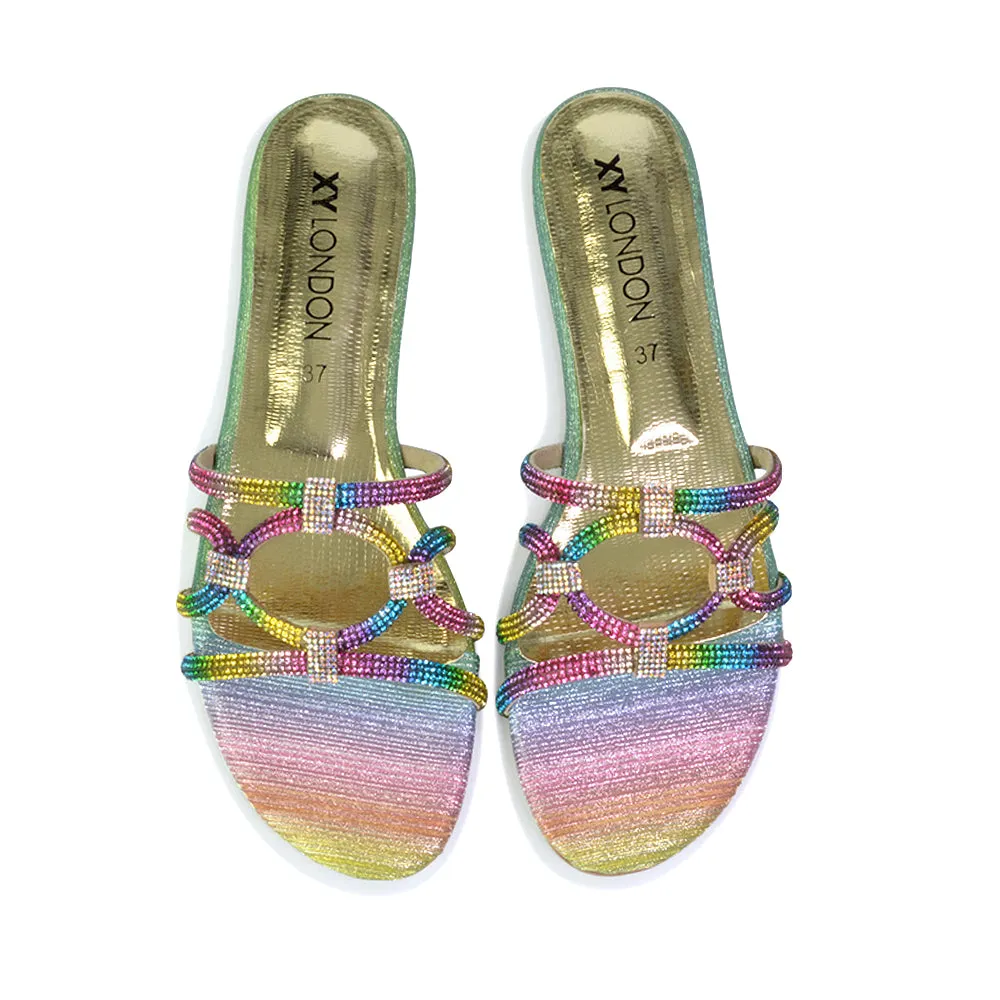 Tiger Slip On Summer Flat Diamante Sandal Statement Sparkly Sliders in Multi