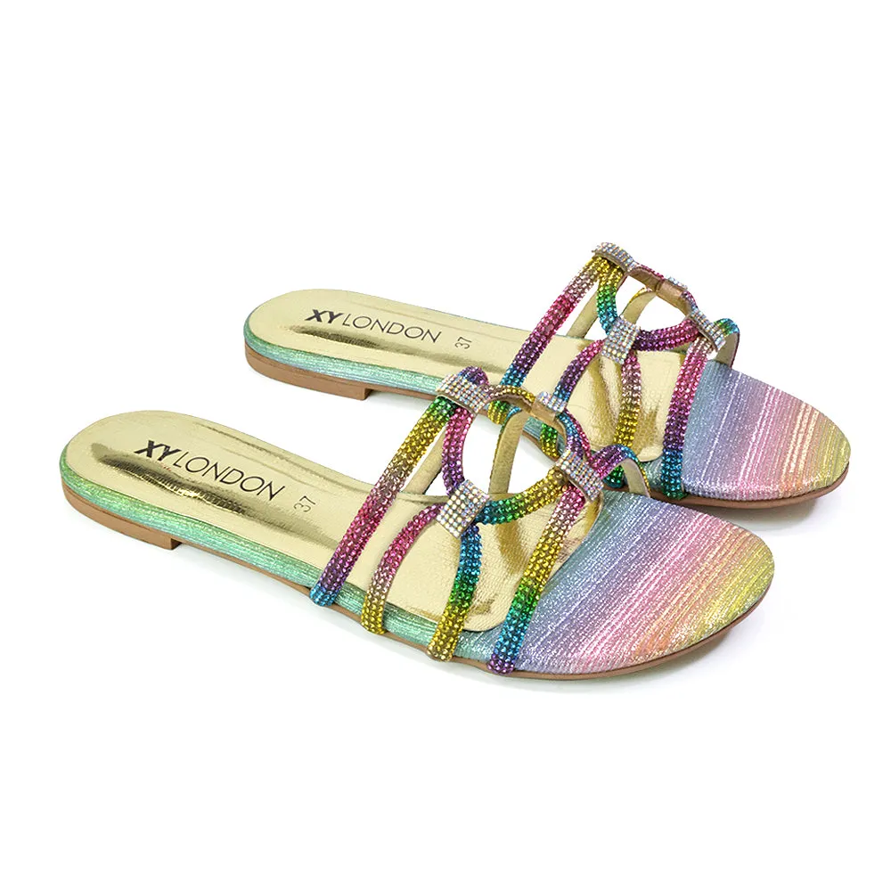 Tiger Slip On Summer Flat Diamante Sandal Statement Sparkly Sliders in Multi