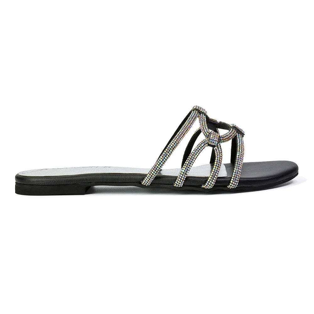 Tiger Slip On Summer Flat Diamante Sandal Statement Sparkly Sliders in Multi