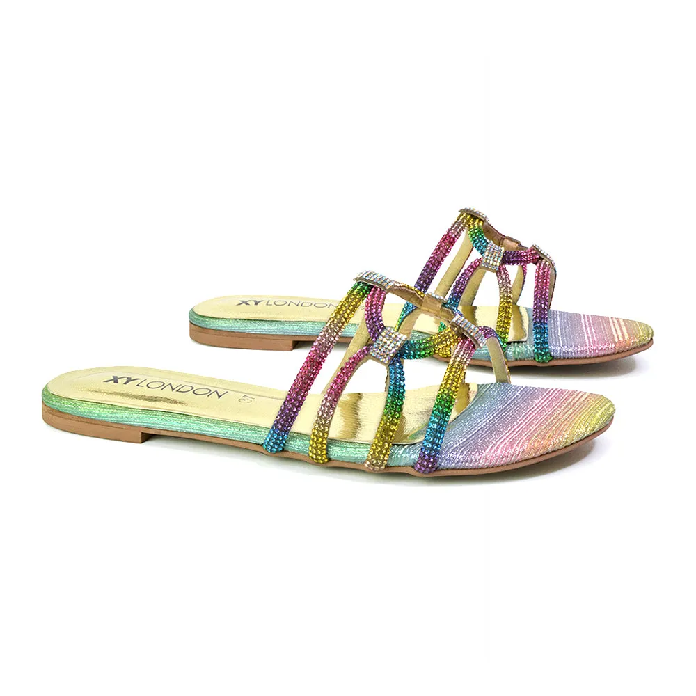 Tiger Slip On Summer Flat Diamante Sandal Statement Sparkly Sliders in Multi