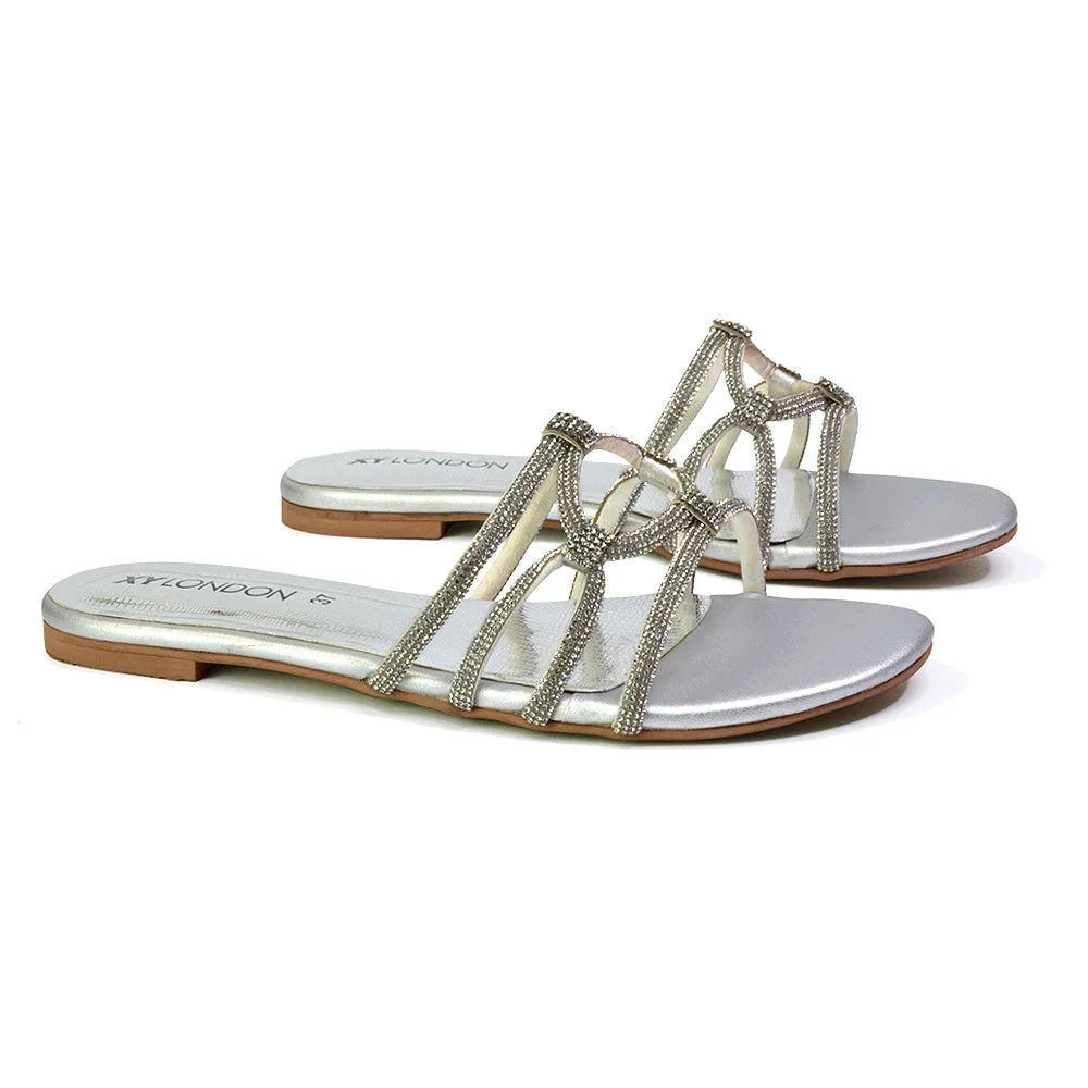 Tiger Slip On Summer Flat Diamante Sandal Statement Sparkly Sliders in Peach