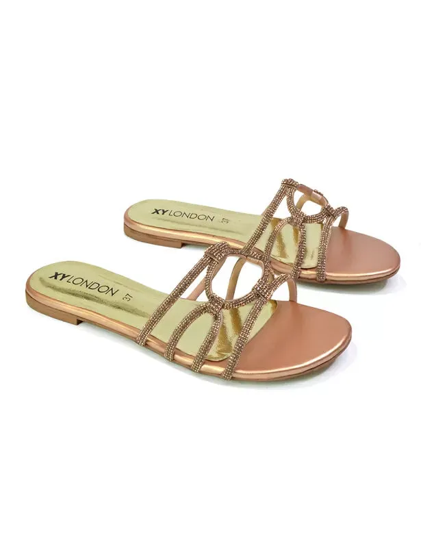 Tiger Slip On Summer Flat Diamante Sandal Statement Sparkly Sliders in Peach