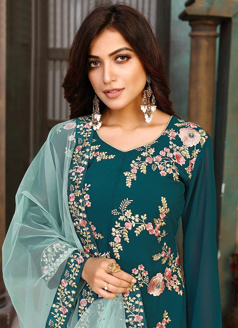 Turquoise Multi Embroidered Pakistani Style Pant Suit