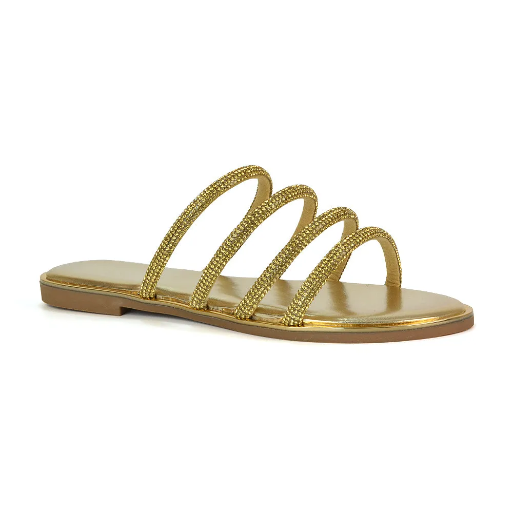 Valentina Slip On Diamante Strappy Rhinestone Flat Sandals in Gold