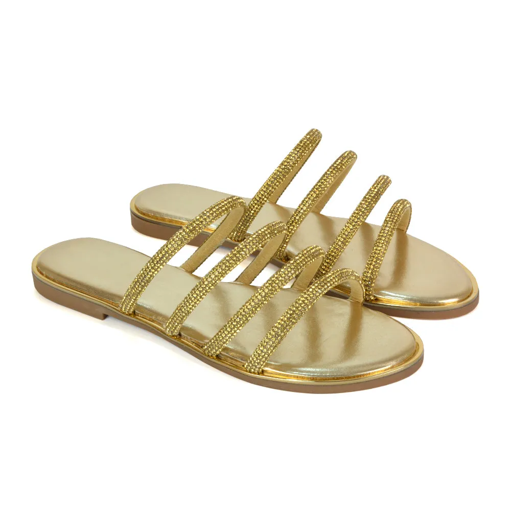 Valentina Slip On Diamante Strappy Rhinestone Flat Sandals in Gold