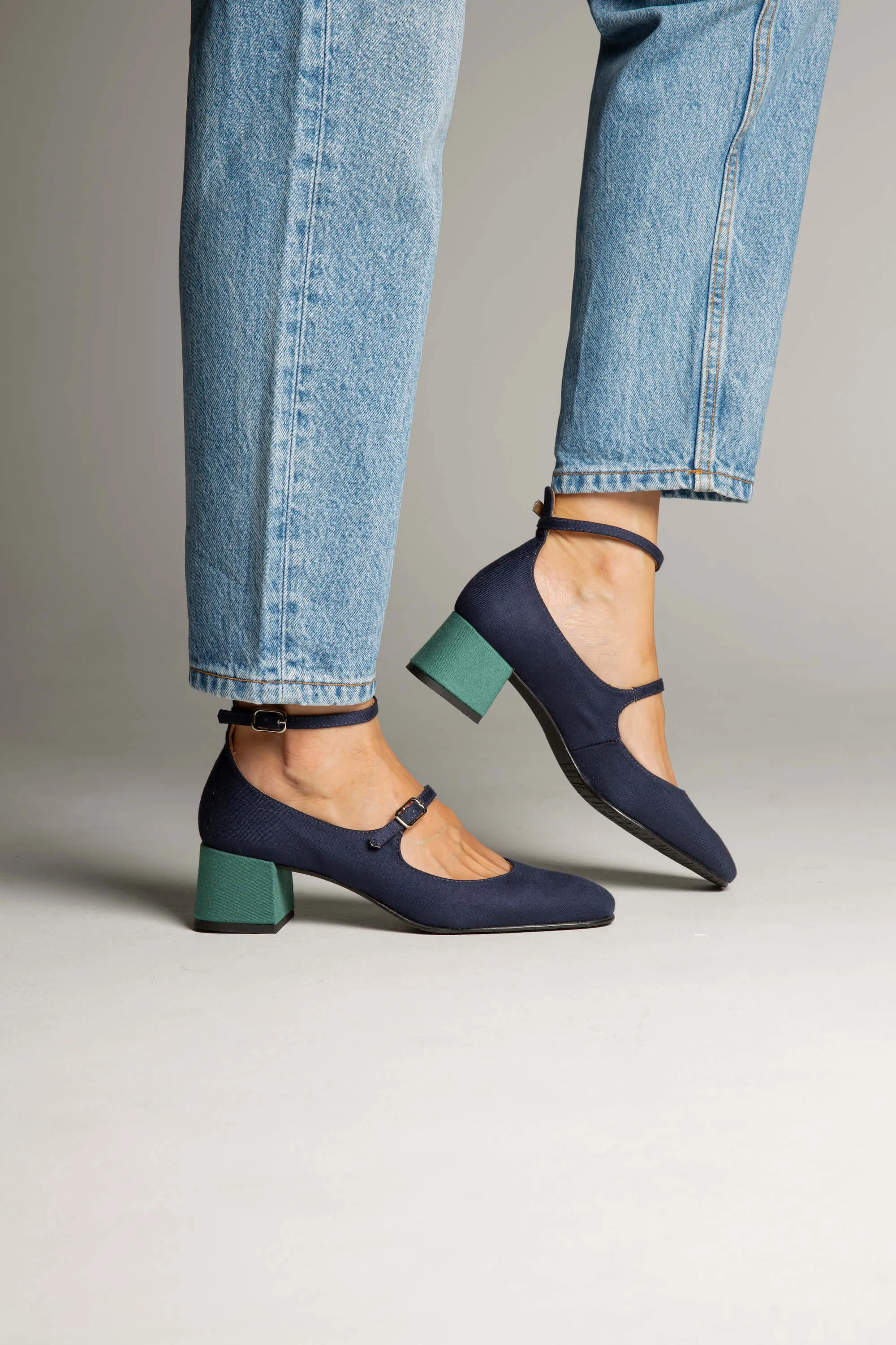 Vegan Suede Mid Heeled Pumps | Blue & Green