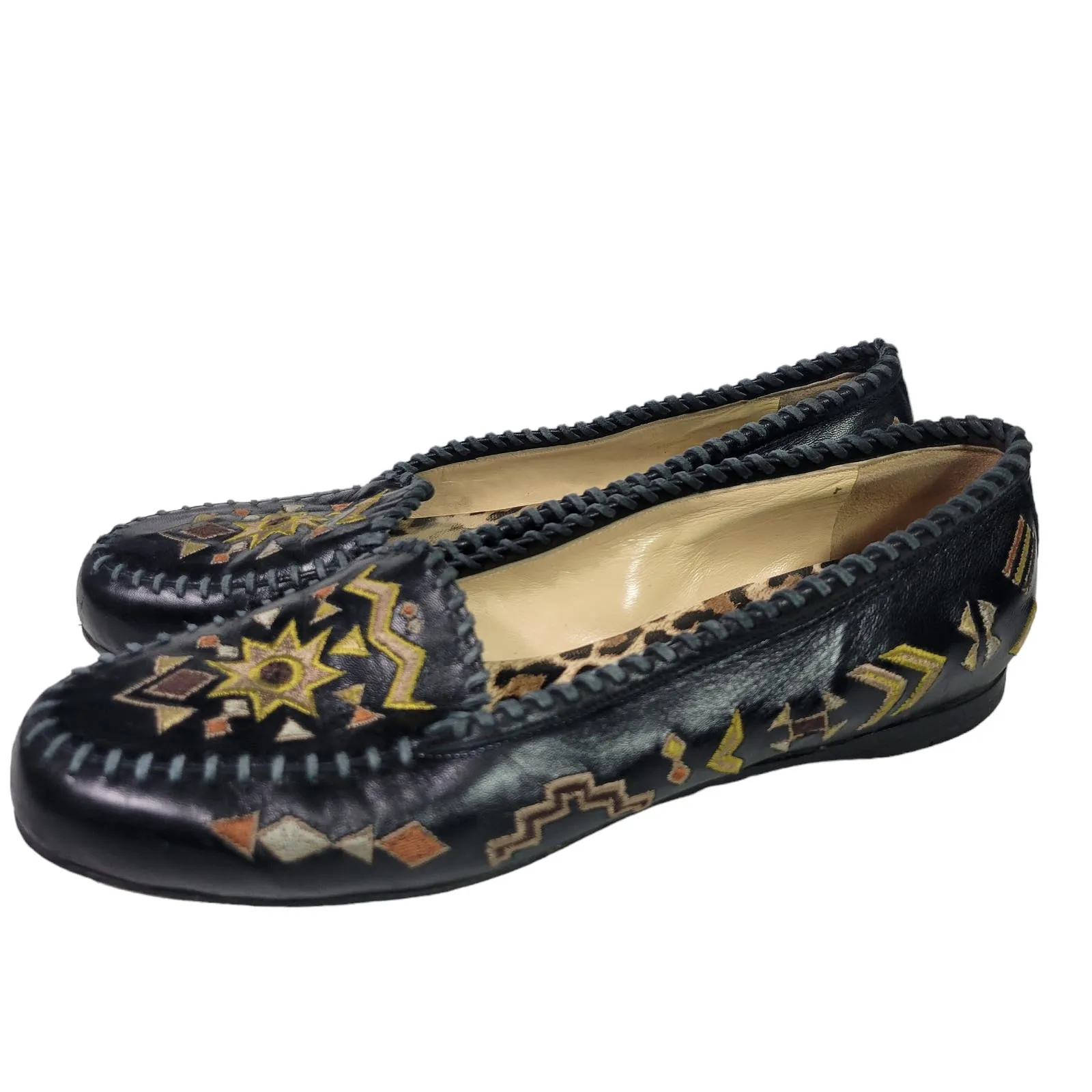 Warren Edwards Sham Vibes Flats Black Moccasin Loafers Embroidery Leather Slip On Size 8