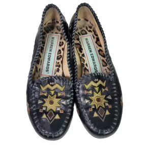 Warren Edwards Sham Vibes Flats Black Moccasin Loafers Embroidery Leather Slip On Size 8