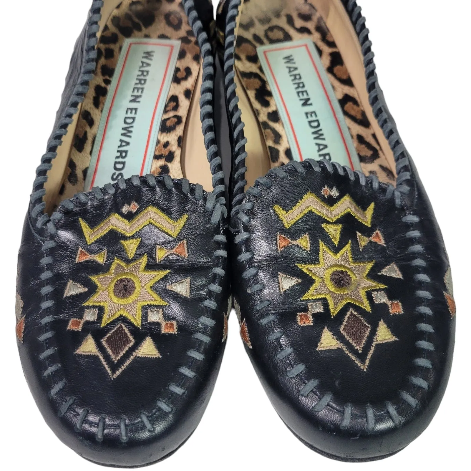 Warren Edwards Sham Vibes Flats Black Moccasin Loafers Embroidery Leather Slip On Size 8