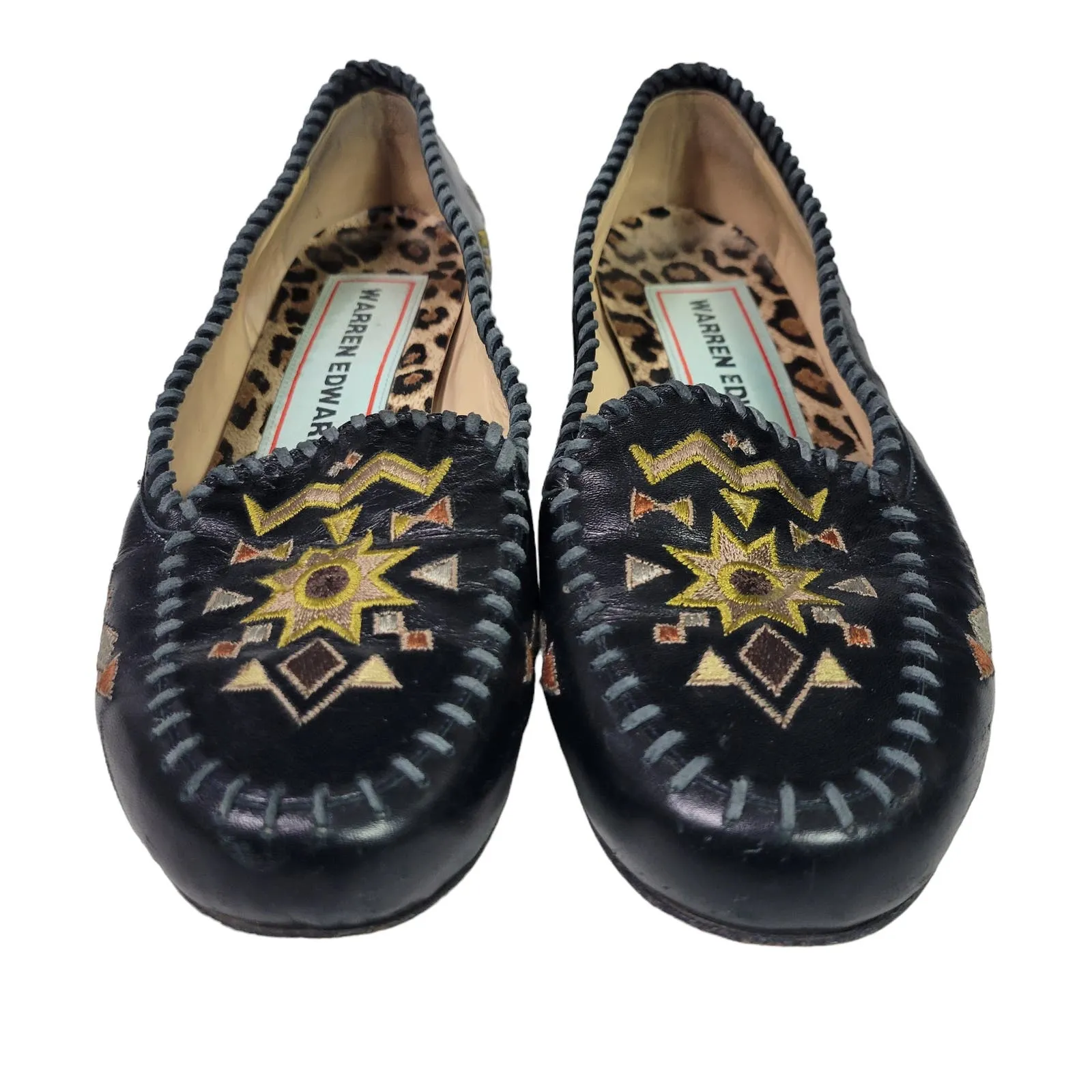 Warren Edwards Sham Vibes Flats Black Moccasin Loafers Embroidery Leather Slip On Size 8