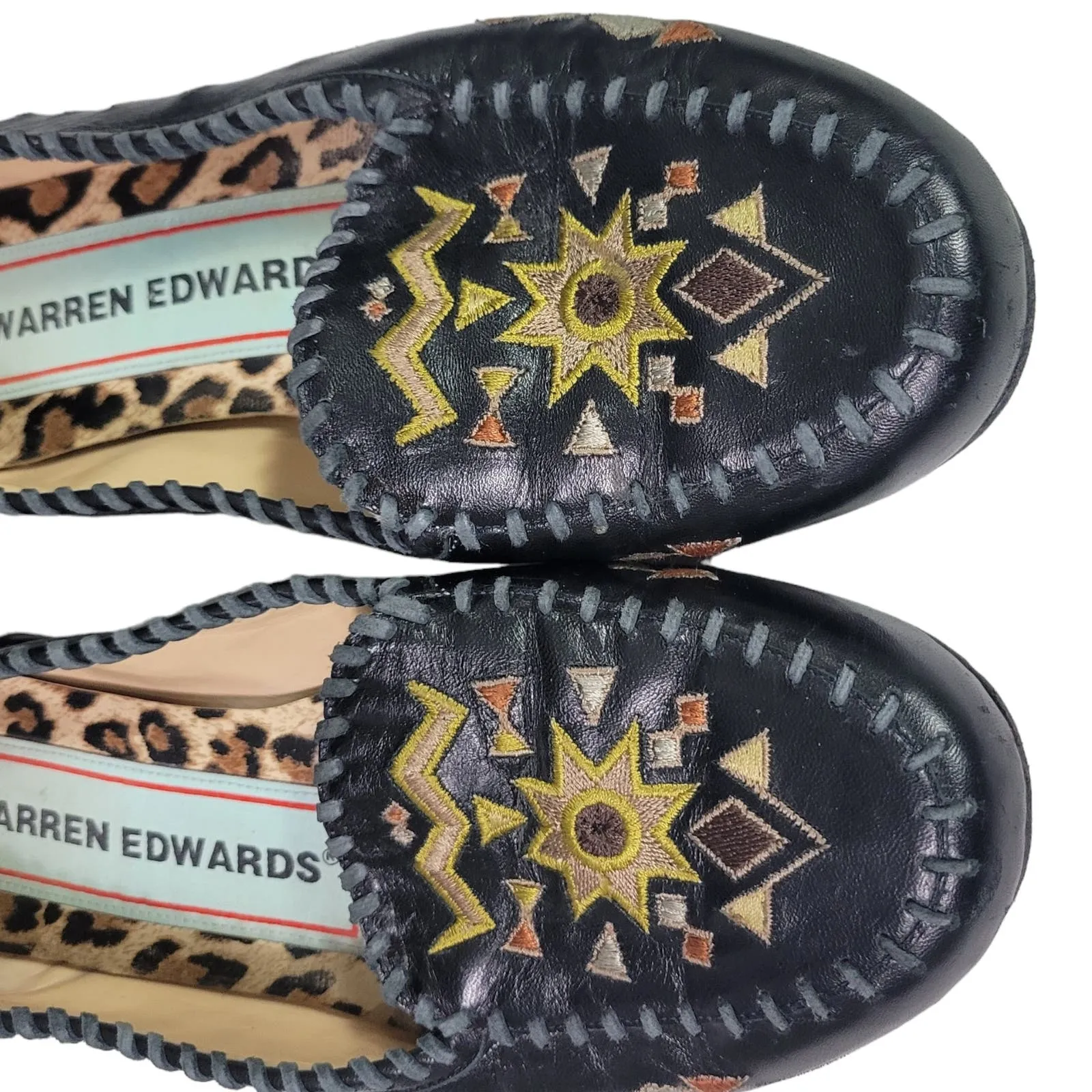 Warren Edwards Sham Vibes Flats Black Moccasin Loafers Embroidery Leather Slip On Size 8