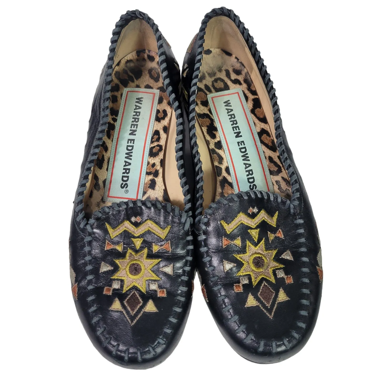 Warren Edwards Sham Vibes Flats Black Moccasin Loafers Embroidery Leather Slip On Size 8