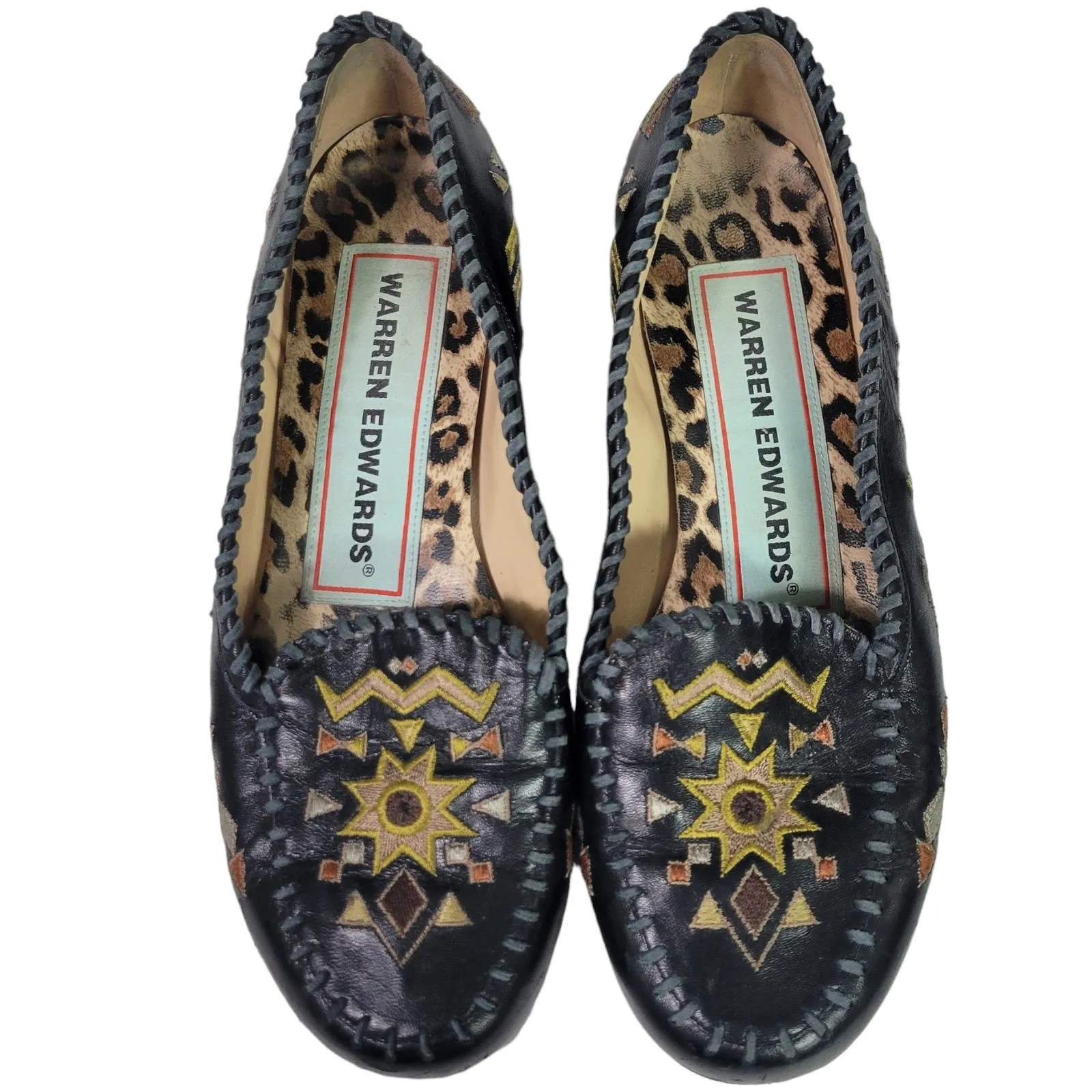 Warren Edwards Sham Vibes Flats Black Moccasin Loafers Embroidery Leather Slip On Size 8