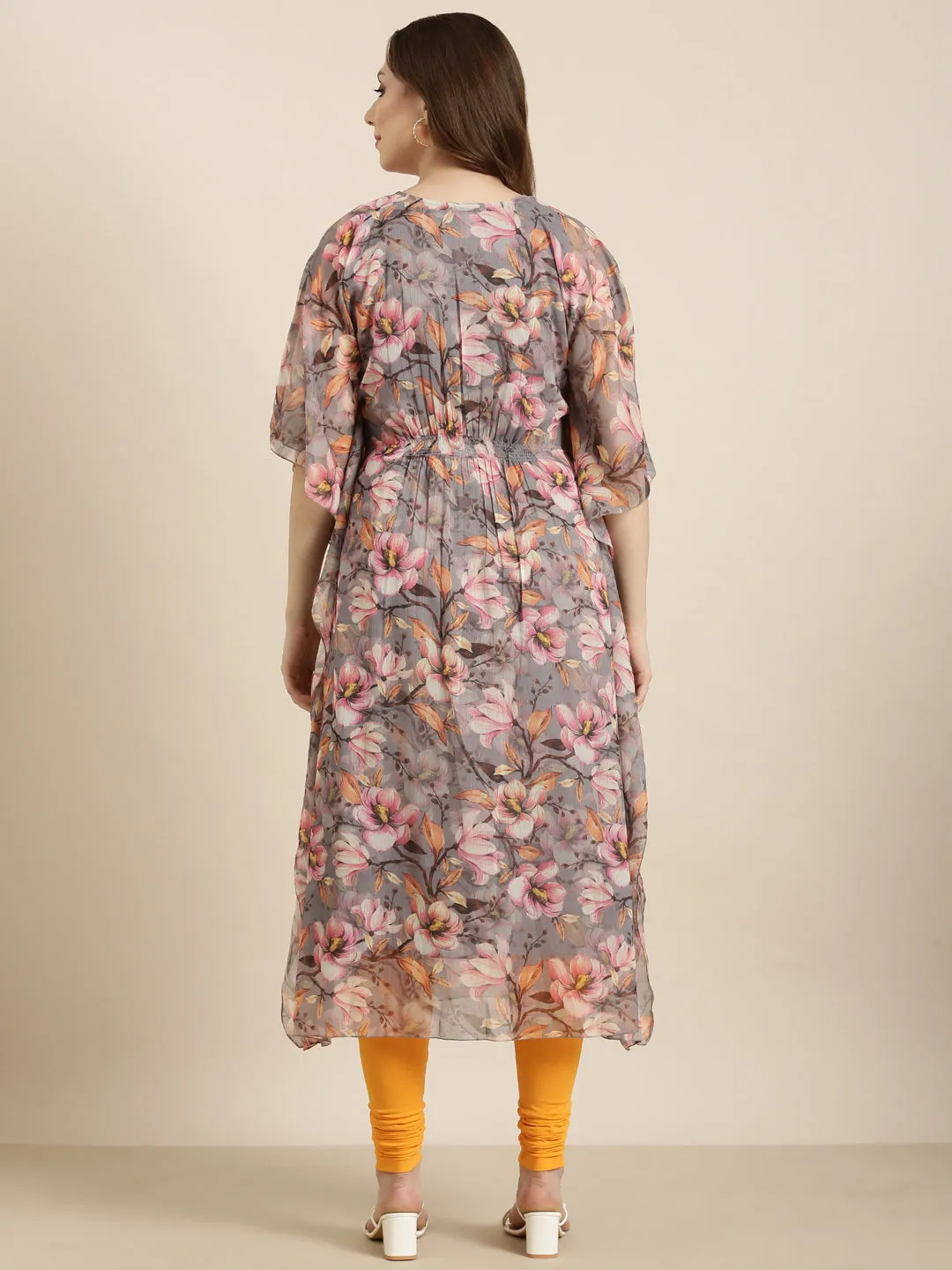 Women Kaftan Grey Floral Kurta Comes With Detachable Inner Lining