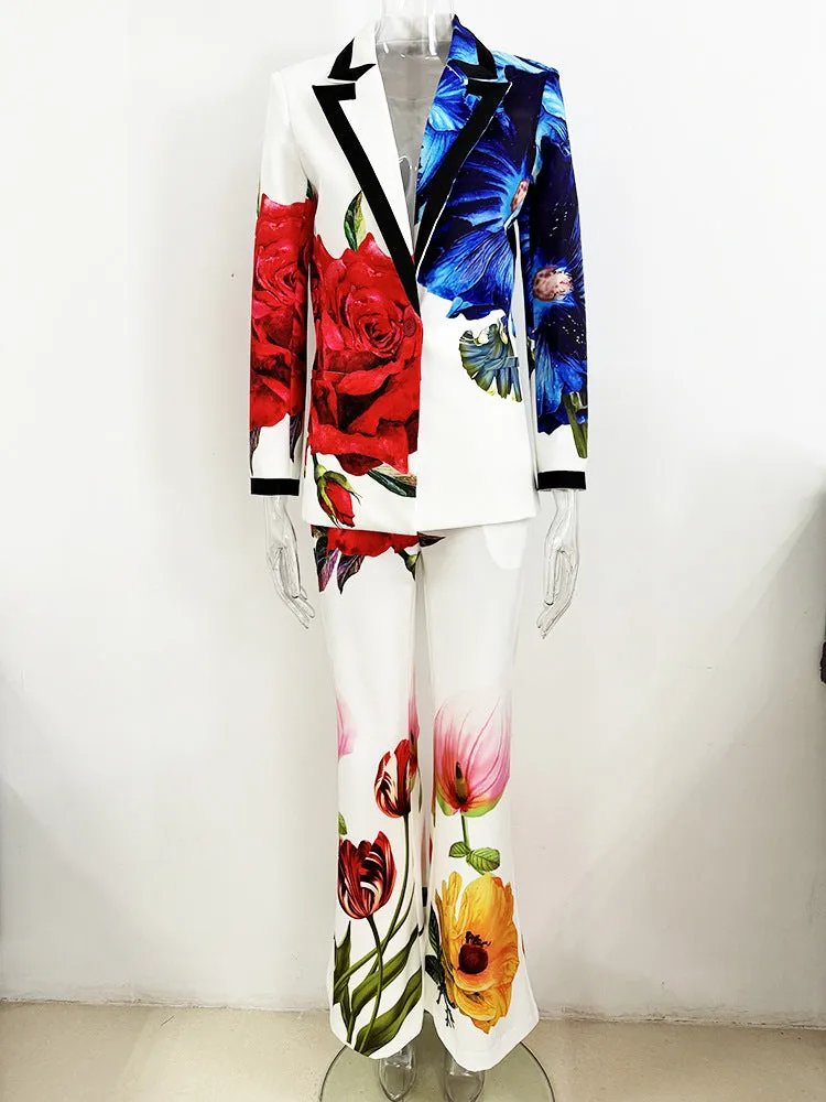 Women Multi-Color Flowers Pants Suit Fitted Blazer   Flare Trousers